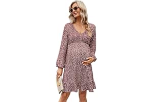 Coolmee Women's Maternity Short Sleeve Ruffle Dress V Neck Summer Casual Smocked Flowy Midi Dress for Baby Shower Photoshoot