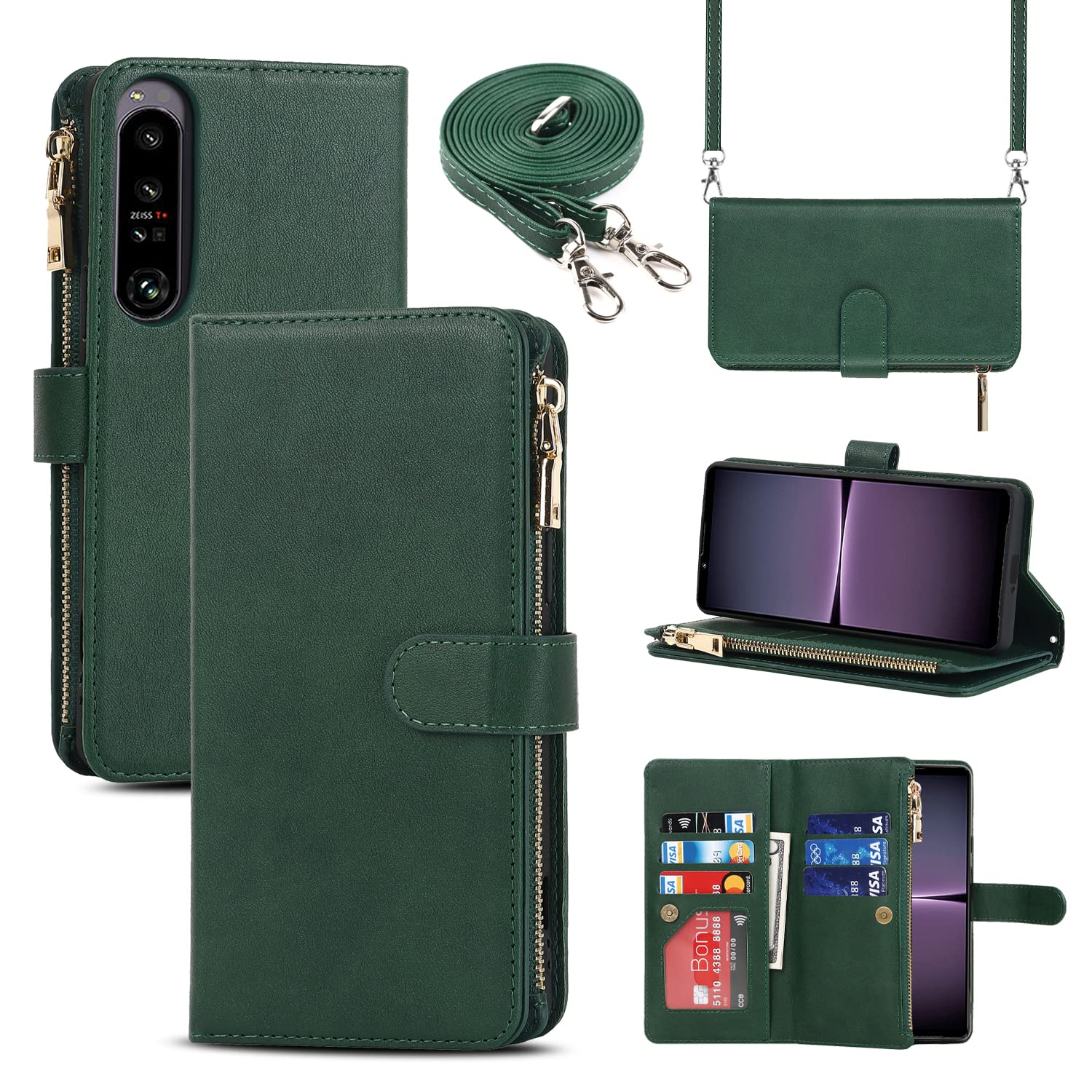 Cavor Phone Case Compatible with Sony Xperia 1 IV Case With Card Holder With Strap,Flip Leather Wallet Case,[9 Card Holders][Zipper Pocket],Crossbody Cover Case for women - Dark Green