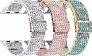 Swhatty Stretchy Nylon Solo Loop Bands Compatible with Apple Watch 44mm 40mm 42mm 38mm, Adjustable Stretch Braided Sport Elastics Women Men Strap for iWatch Series 6/5/4/3/2/1 SE, Pack of 3