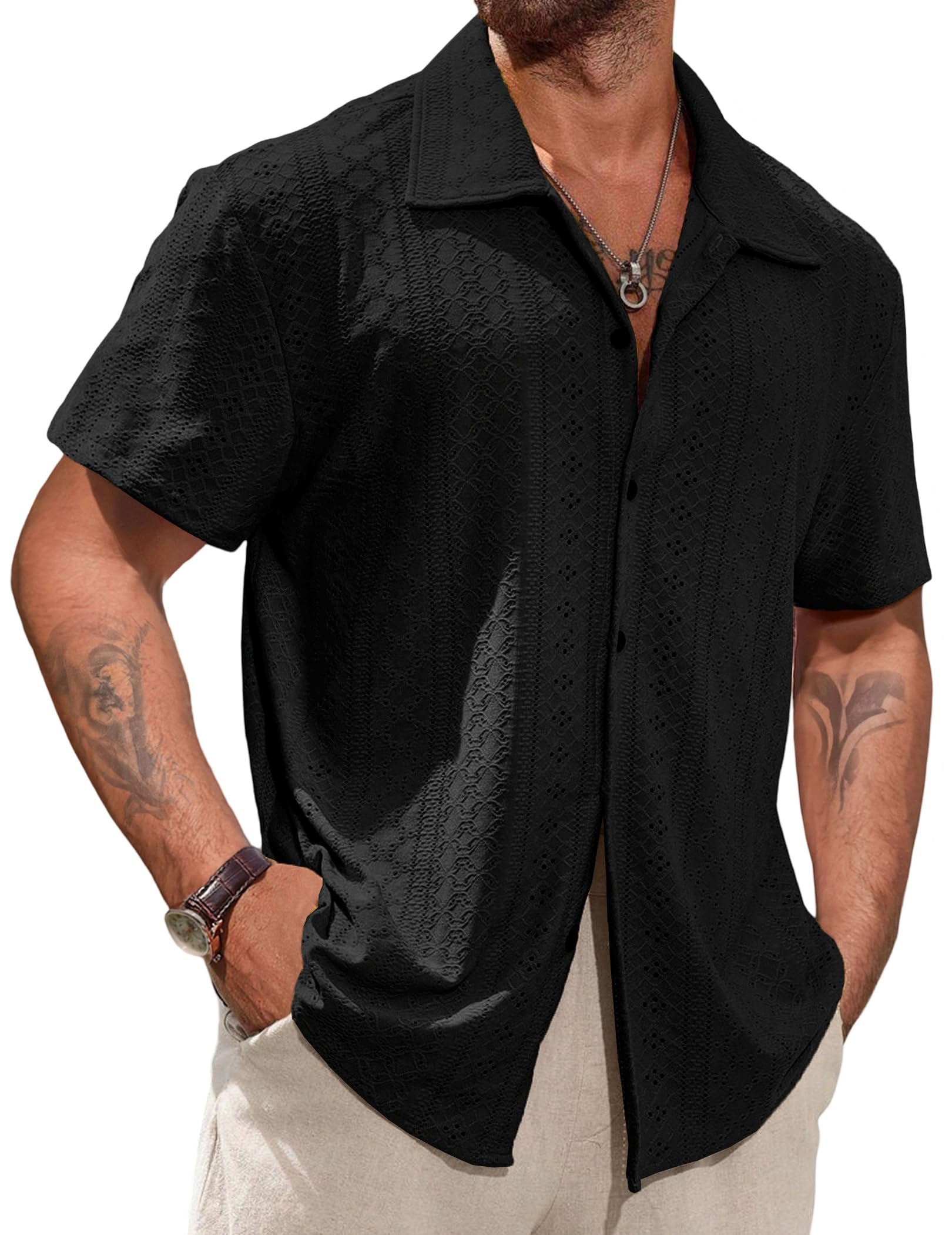 Photo 1 of ***POSSIBLY RUNS SMALL*** Vssjavun Mens Short Sleeve Button Down Shirts Casual Hollow Out Summer Beach Shirt Black
