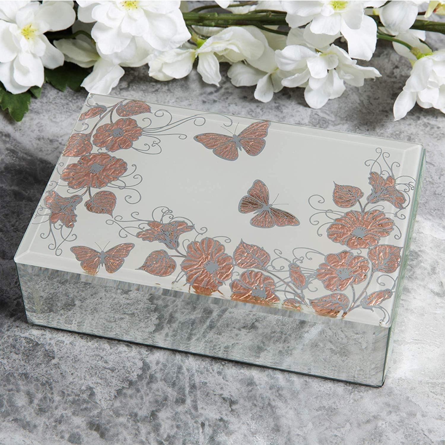 Glass Jewellery Box with Pink Butterflies Gift
