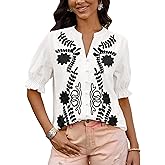 BTFBM Women's 2026 Spring Tops Casual Floral Boho V Neck Puff Short Sleeve Button Down Shirts Embroidered Blouses Tunic