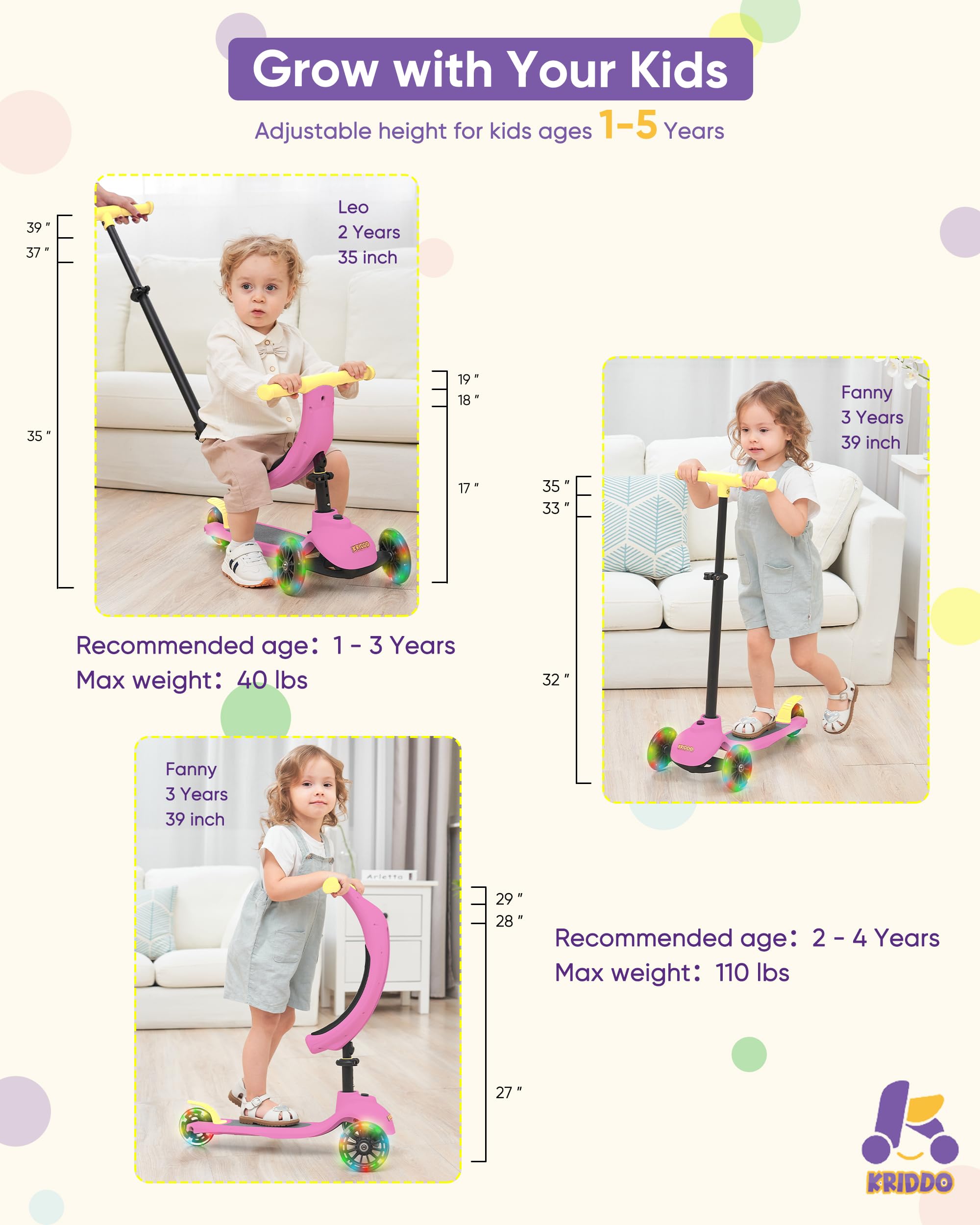 KRIDDO 3-in-1 Scooter for Kids Ages 1-5 Years Old, Folding Scooter with 3 Lighted Wheels, Wide Standing Board, Adjustable Height, Learn-to-Steer Handlebar, for Indoor and Outdoor