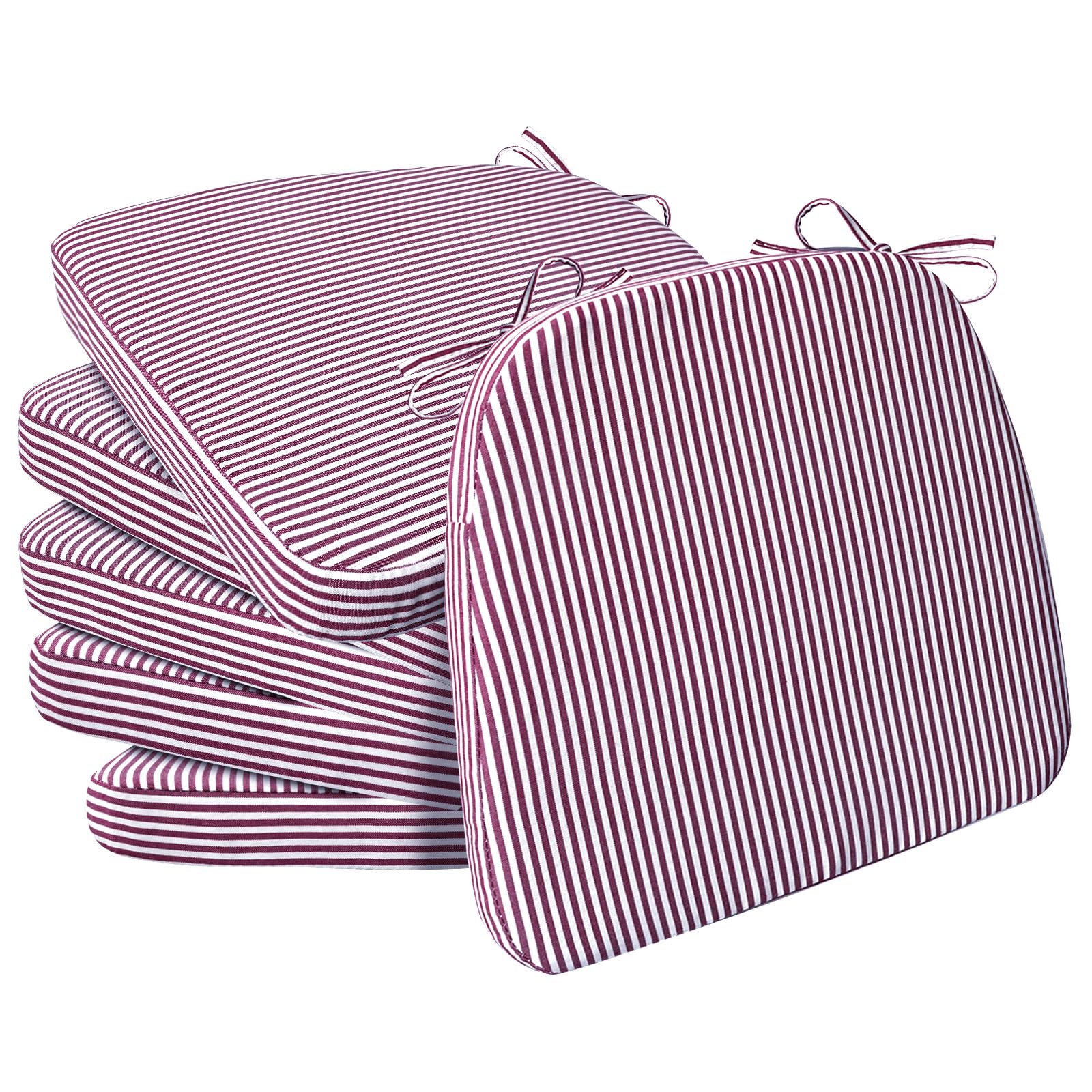 AAAAAcessories D-Shaped Chair Cushions, 2" Thick Dining Chair Pads with Ties and Removable, Machine-Washable Cover, 17" x 16", Set of 6, Pinstripe Red Image