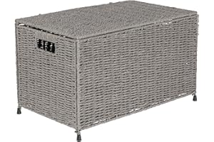 Household Essentials Woven Paper Rope Storage Chest with Hinged Lid and Integrated Handles, Grey