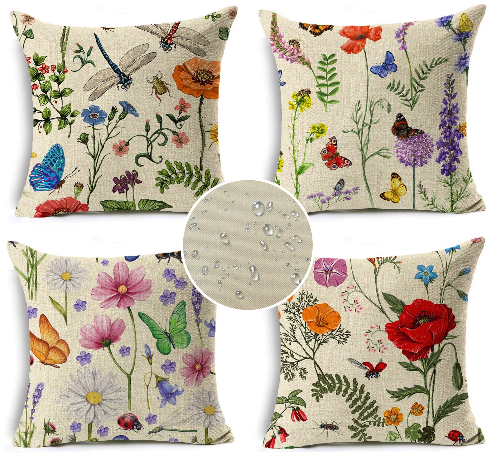 KEIROUTK Outdoor Cushions Waterproof Spring Summer Cushion Covers 18x18 Inch Set of 4 Floral Farmhouse Throw Pillows Decorative Cushion Cases for Outdoor Couch Sofa Patio Furniture Home Decoration