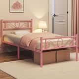 Yaheetech 3ft Single Metal Bed Frame Platform Bed Pink with Scroll Headboard view 2