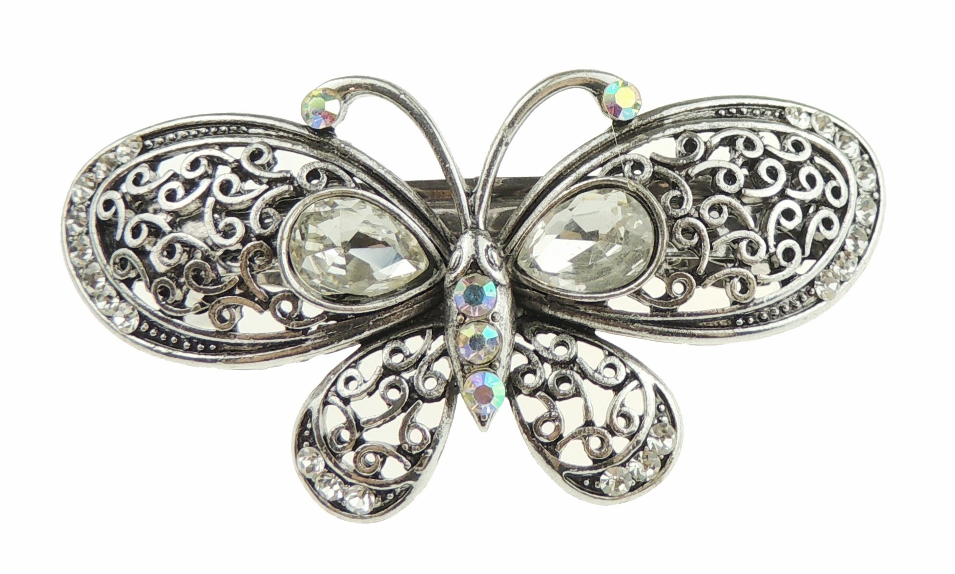 Womens Girls Vintage Look Crystal Rhinestone Diamante Wedding Birthday Party Evening Ponytail Fine Accessories Barrette Hairpin Silver Tone SMALL Metal French Spring Clip Butterfly (Clear)