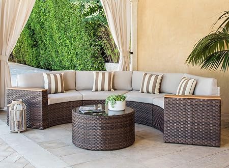 Amazon Com Solaura Outdoor 5 Piece Sectional Furniture Patio Half Moon Set Brown Wicker Conversation Sofa Set With Beige Cushions Sophisticated Glass Coffee Table Beige Garden Outdoor