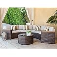 SOLAURA 5-Piece Patio Sectional Furniture Patio Half-Moon Set Brown Wicker Curved Outdoor Sofa with Beige Cushions & Glass Co