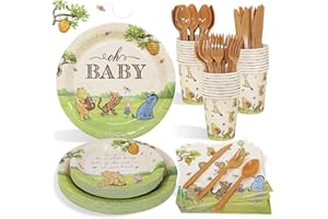 LOPEASTAR 175Pcs Classic Winnie Bear Baby Shower Decorations Plates Cutlery Set, Vintage Pooh Bear Oh Baby Plates Napkins Cups Cutlery Set for 25 Guests Boys Girls Winnie Quotes Gender Reveal Decorations