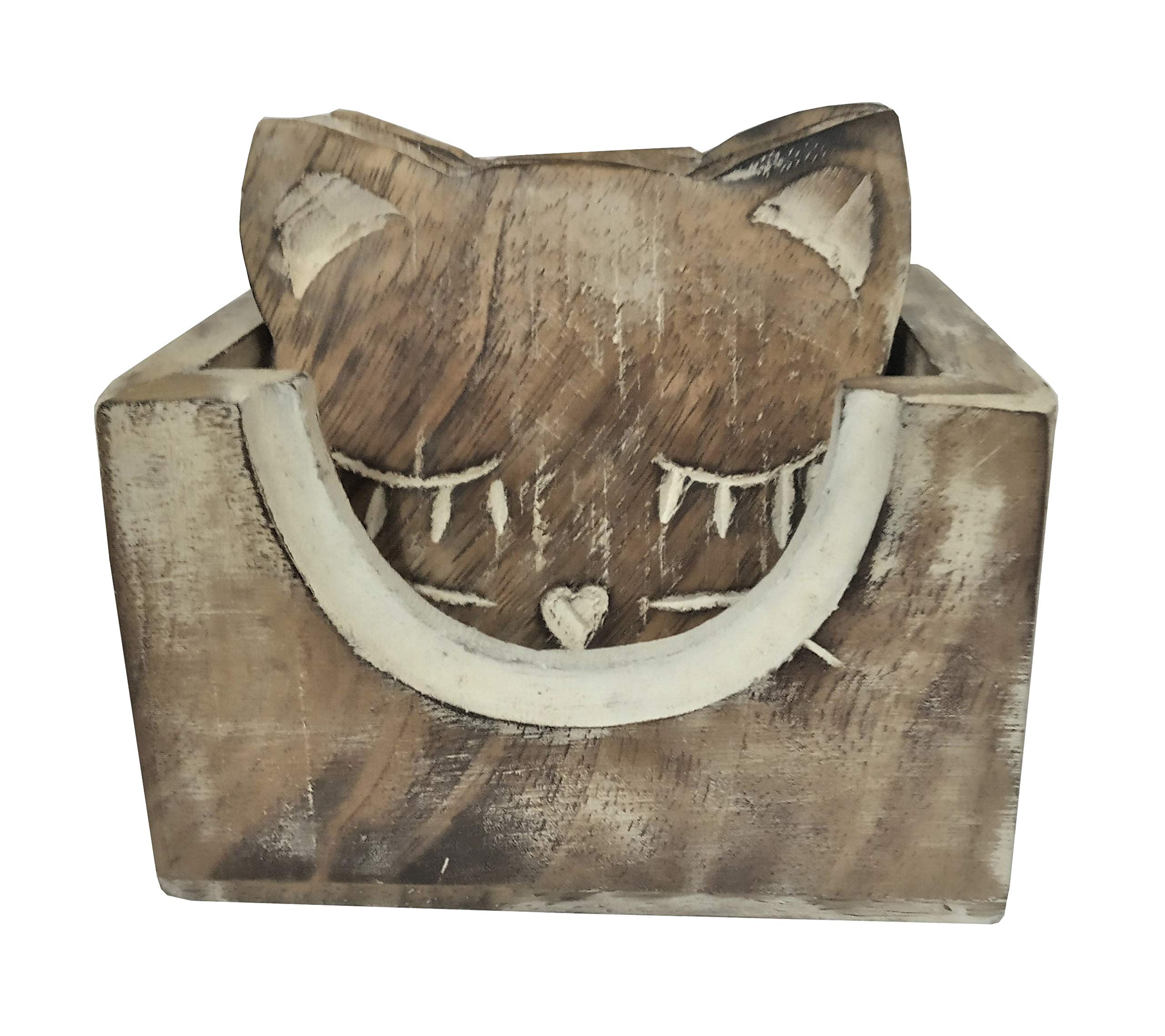 Purpledip Wooden Coaster Set 'Sleepy Cat': 6 Cat Design Coasters in Distress Finish (12024)