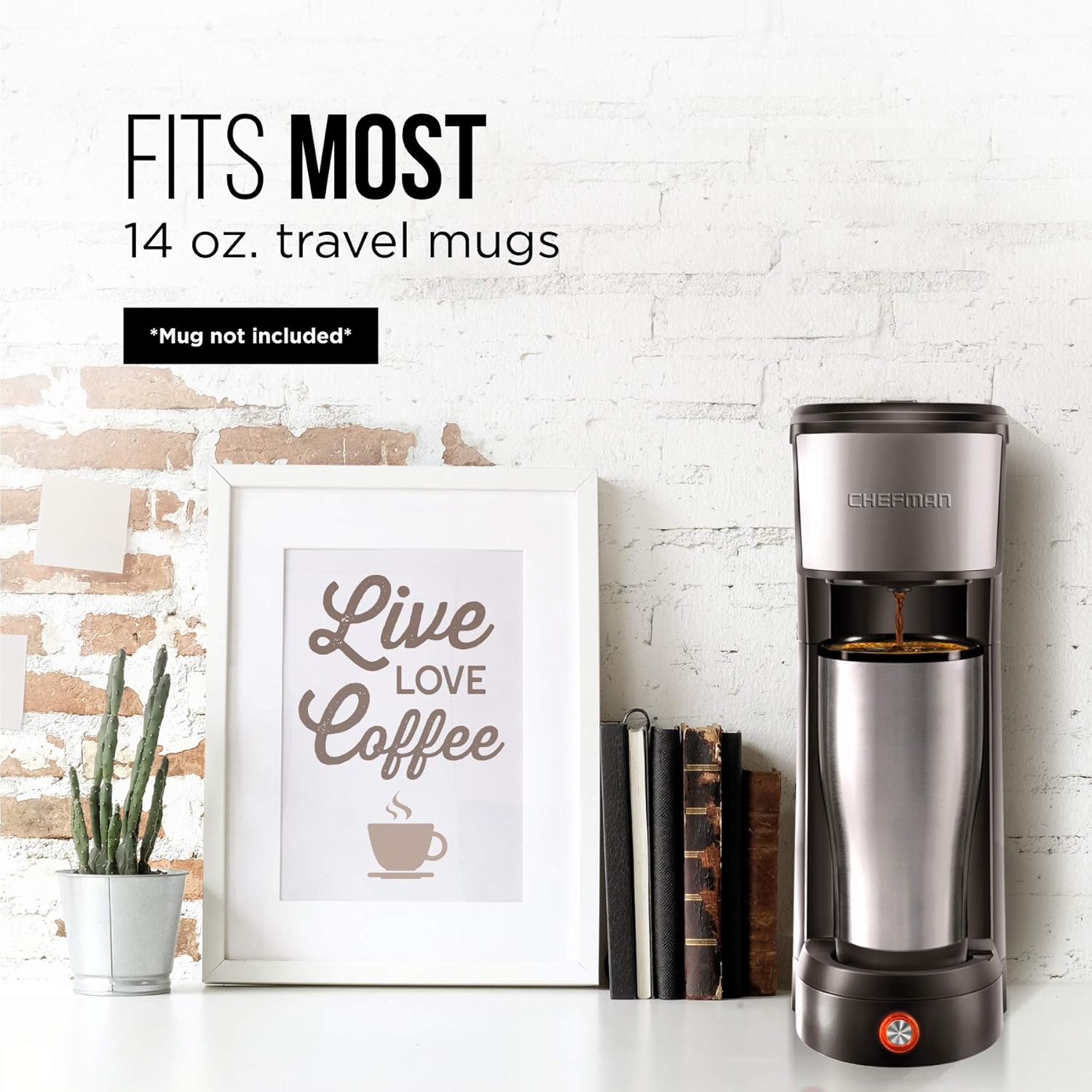 Chefman InstaCoffee Single Serve Coffee Maker Brews in 30 Seconds, Compatible with K-Cup Pods, Grounds and Loose-Leaf Tea w/ Reusable Filter, Compact 14 oz, Black/Stainless Steel, Mug Not Included: Kitchen & Dining