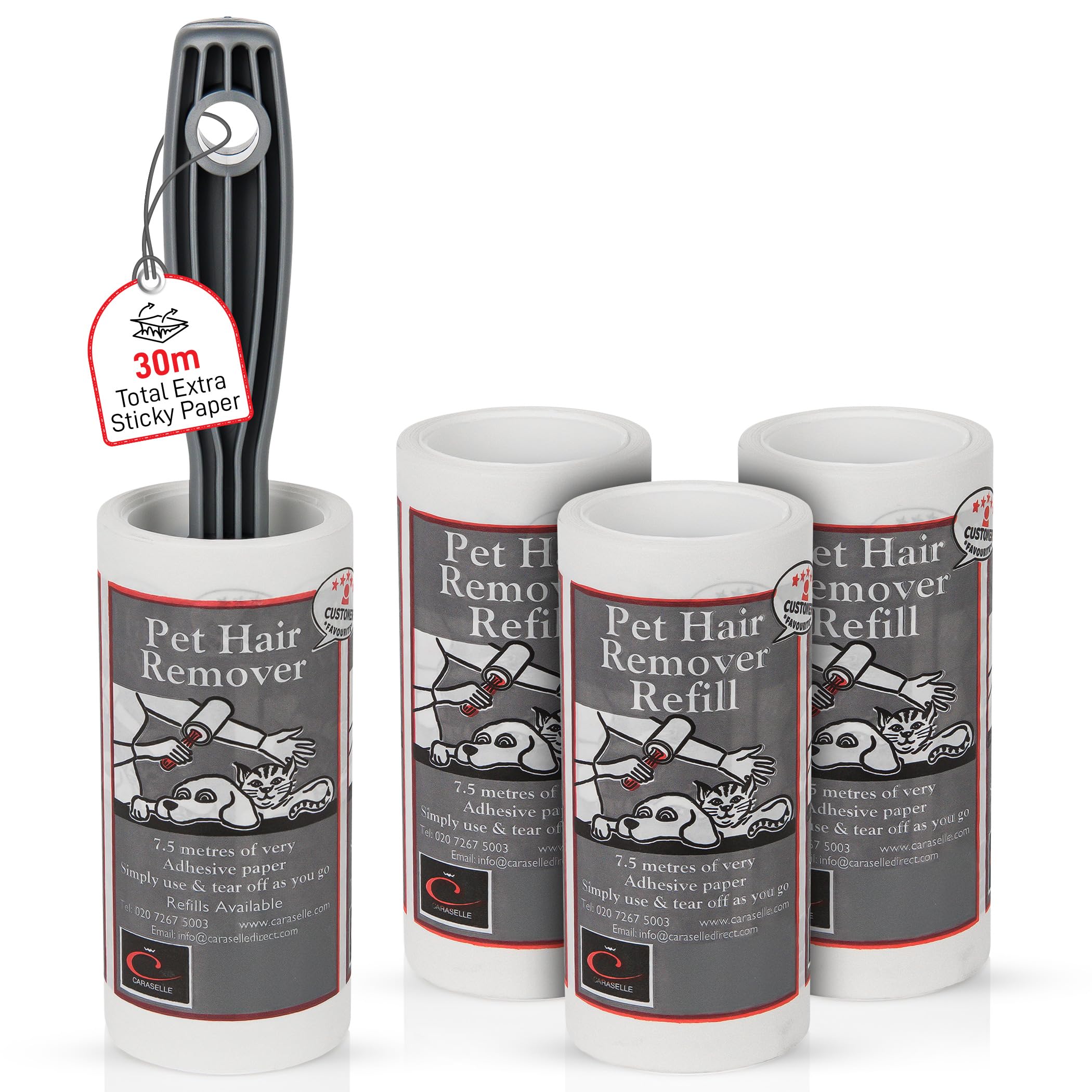 Caraselle Pet Hair Remover – 30m total (≈300 Sheets Equivalent) Extra Sticky Lint Roller for Dog & Cat Hair on Clothes, Sofa & Furniture – Continuous No-Perforation Paper Stays Extra Sticky To The End