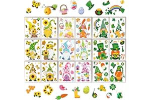 Whaline 18 Sheet Spring St. Patrick's Day Easter Window Clings Stickers Cute Gnome Window Decals Sunflower Bee Shamrock Easter Bunny Eggs Window Decor for Home School Office Decor Party Supplies