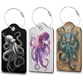 Vintage Octopus Cruise Luggage Tags,3pcs PU Leather Suitcase Tag, Cute Travel Baggage Tags with Privacy Flap Name ID Label Metal Loop for Cruise Airport Travel Essentials