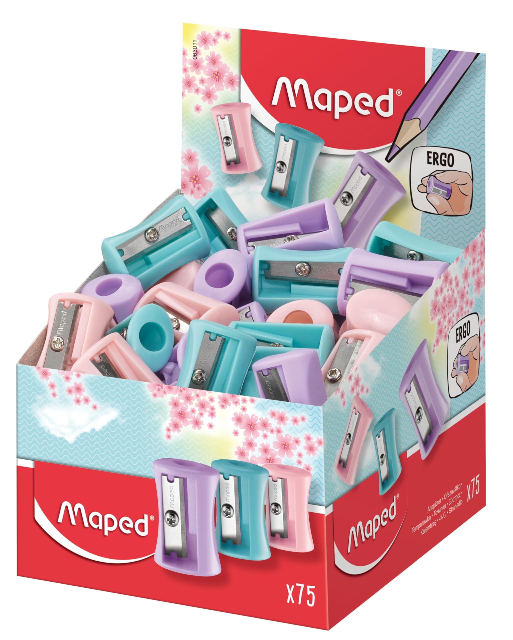 Maped - School Material – Vivo Pastel Pencil Sharpener – Display Stand with 75 Pencil Sharpener – Have 1 Hole for Sharpening – Compact Size for the Case – Ergonomic Design – 3 Different Colours