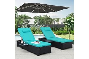WAROOM Outdoor PE Wicker Chaise Lounge Chairs for Outside Patio Furniture Set of 2 Black Rattan Double Reclining Sunbathing Chair Adjustable Backrest Poolside Recliners with Turquoise Cushion