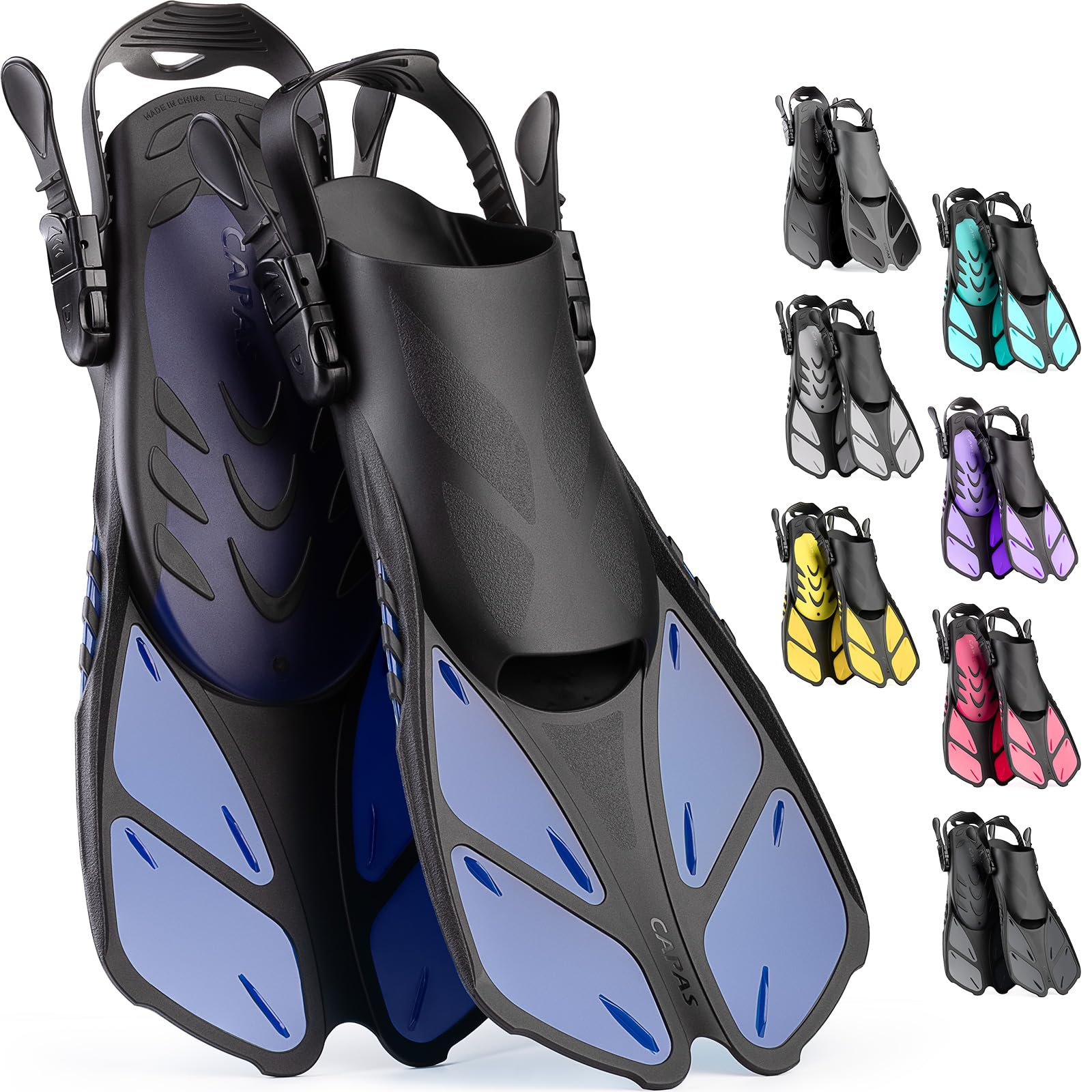 CAPAS Snorkel Fins, Swim Fins Travel Size Short Adjustable for Snorkeling Diving Adult Men Women Kids Open Heel Swimming Flippers (Blue, Kids JR)