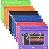 GINLANK 12 Pack 3 Ring Binder Clear Window Zipper Pouches, Multi-Color Zipper Case for Office Home Supplies, 6 Color