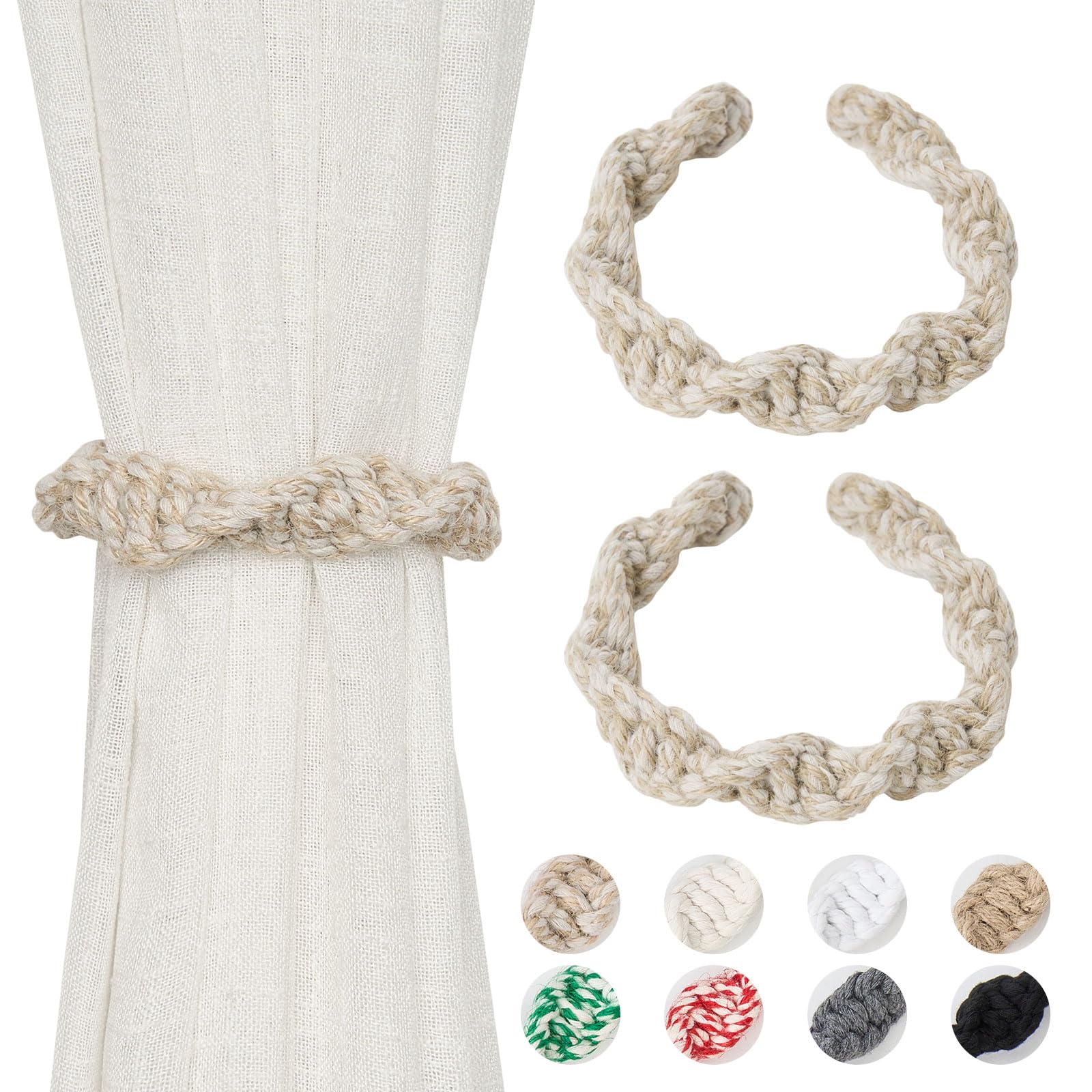 Pretty Jolly 2 Pack Natural Jute Rope Curtain Tiebacks Farmhouse Rustic Style Decorative Drape Tie Backs Spiral Braided Curtain Holdbacks for Home & Office Sheer/Light Weight Drapery (J+C-Natural)