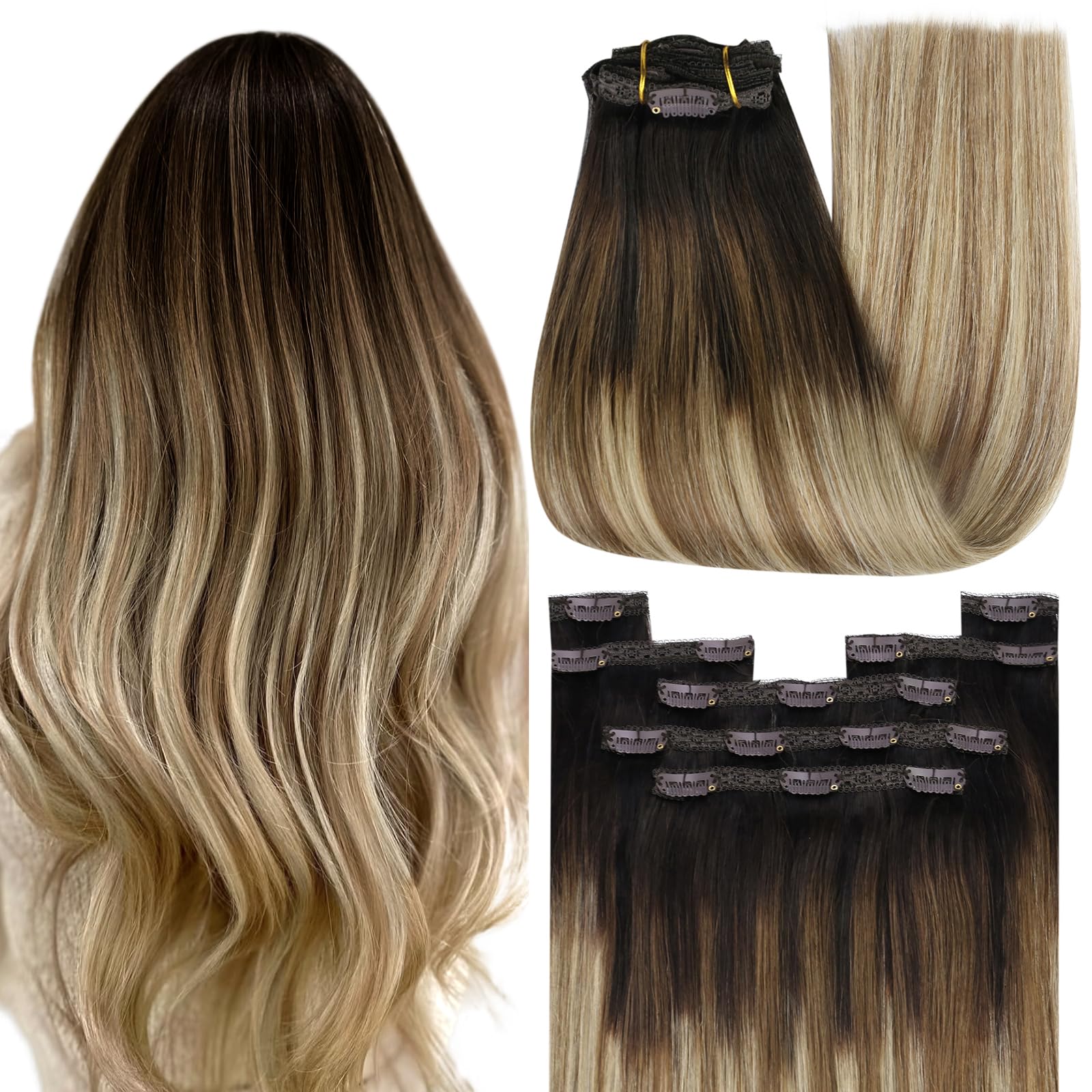 YoungSee Clip in Hair Extensions 20 inch 120g Human Hair Clip in Extensions Dark Brown Roots Blending into Medium Brown with Warm Blonde Clip in Human Hair Extensions Balayage for Women Long 7pcs — image 1