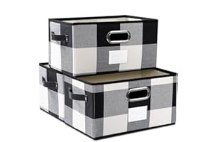 PRANDOM Fodable Storage Bins for Closet [3-pack] Decorative Fabric Storage Baskets Cubes with Leather/Metal Handles for Shelves Bedroom Living Room Black and White Grid (11.5x8.5x6.7 Inch)