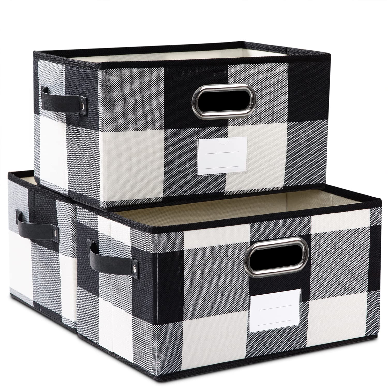Photo 1 of PRANDOM Fodable Storage Bins for Closet [3-pack] Decorative Fabric Storage Baskets Cubes with Leather/Metal Handles for Shelves Bedroom Living Room Black and White Grid (11.5x8.5x6.7 Inch)