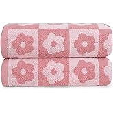 Jacquotha 2-Pieces Luxury Bath Towels Checkered Floral, Pink Towels for Women Girls Shower Body 27.5x55 Inches, Valentines Decor for Bathroom & Pool Days, Cotton