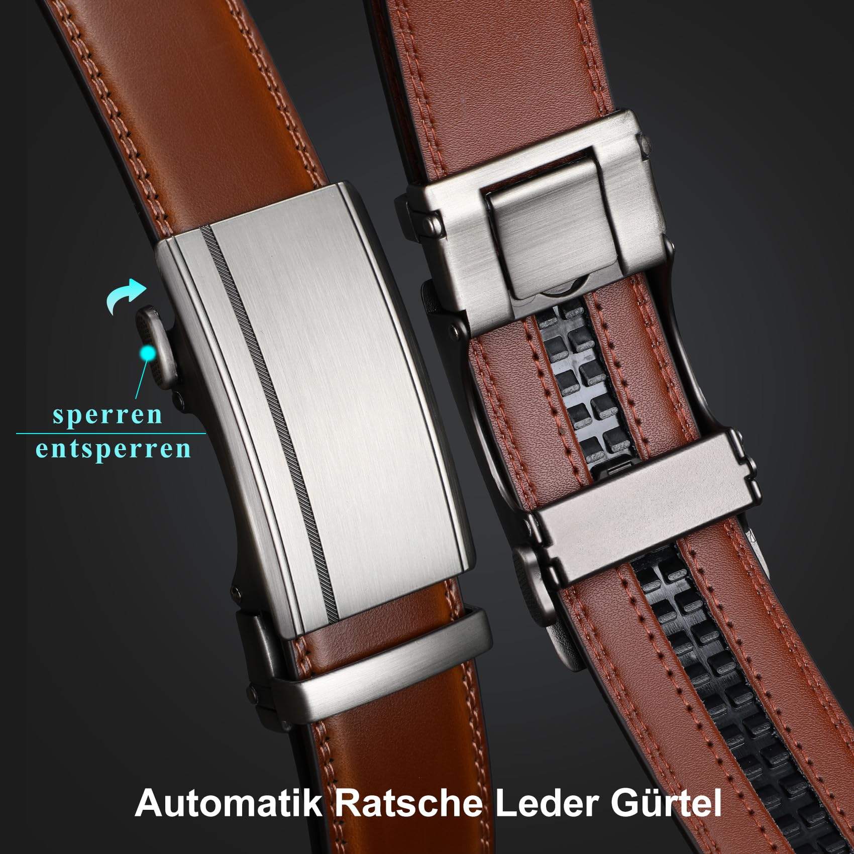 WHIPPY Automatik Gürtel Herren Leder Ratsche Ledergürtel Gürtel ohne Löcher, Breit 35mm braun 115cm 2