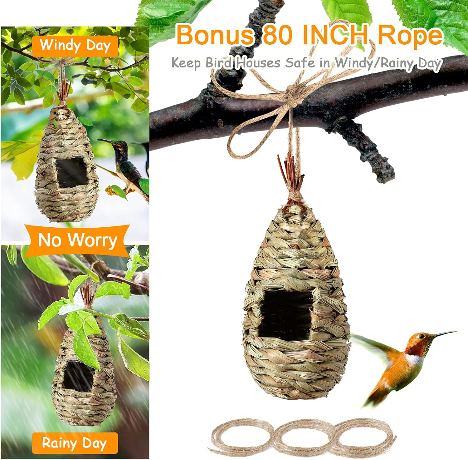PiiSheou 4 Pack Hummingbird Houses for Outside, Hand Woven Natural Grass Hanging Birdhouse with Rope, Water Drop Shape Outdoor Bird House, Bird Lovers Gifts for Audubon Finch Canary Chickadee : Garden & Outdoor