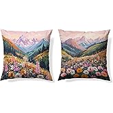 GTYNU Colorful Nature Flowers Home Decor Throw Pillow Covers 18x18 Set of 2,Boho Blue Ridge Mountain Decor pillowcase,Modern Wildflower Blossom Landscape Art