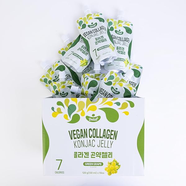 DELIEF VEGAN COLLAGEN KONJAC JELLY (GREEN GRAPE FLAVOR) 120G X 10 PACKS – LOW-CALORIE FRUIT GEL SNACK, GLUTEN-FREE, PLANT-BASED, 7 KCAL PER POUCH
