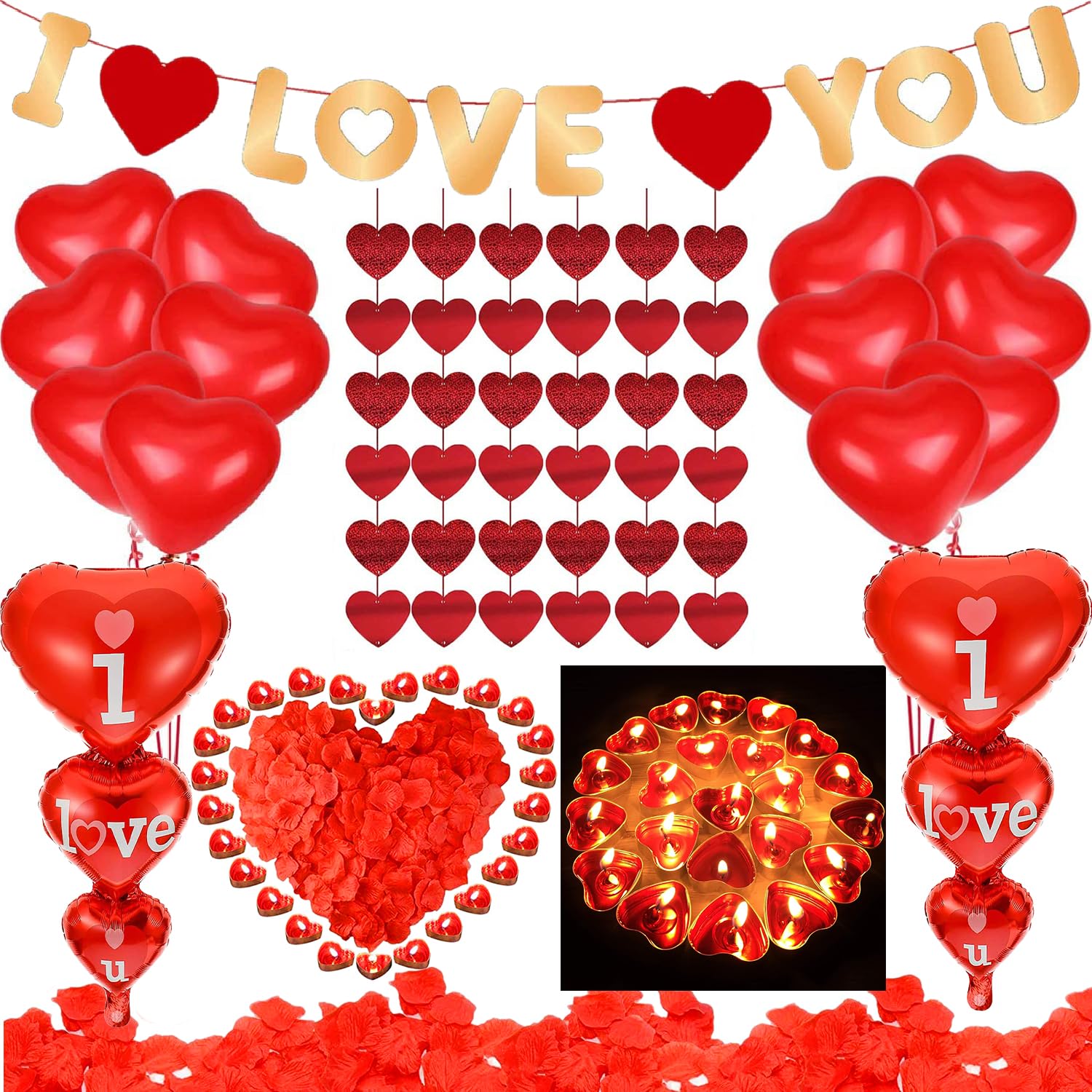 Romantic Decorations - Candles Petals Balloons Decorations Kit - 50 Red Heart Shaped Scented Candles,1000PCS Red Rose Petals,Heart Foil Balloons for Valentines Day Decor Engagement Wedding Anniversary