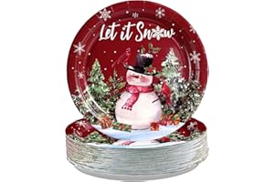 Greencian 50Pcs Christmas Paper Plates 9 Inch Disposable Heavy Duty Red Let It Snow Snowman Cardinal Dessert Plates Winter Xmas Tree Dinner Plate for Christmas Holiday Birthday Party Supplies