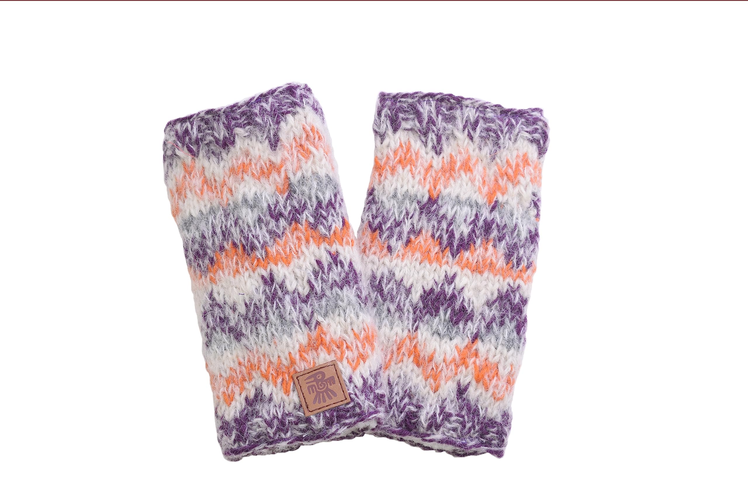 Pachamama Women Wool/Mohair Hand Wrist Warmers Sherpa Fleece Lined Handknitted Soft Stripe One-Size Handmade Extra Warm Fair Trade (Damson)