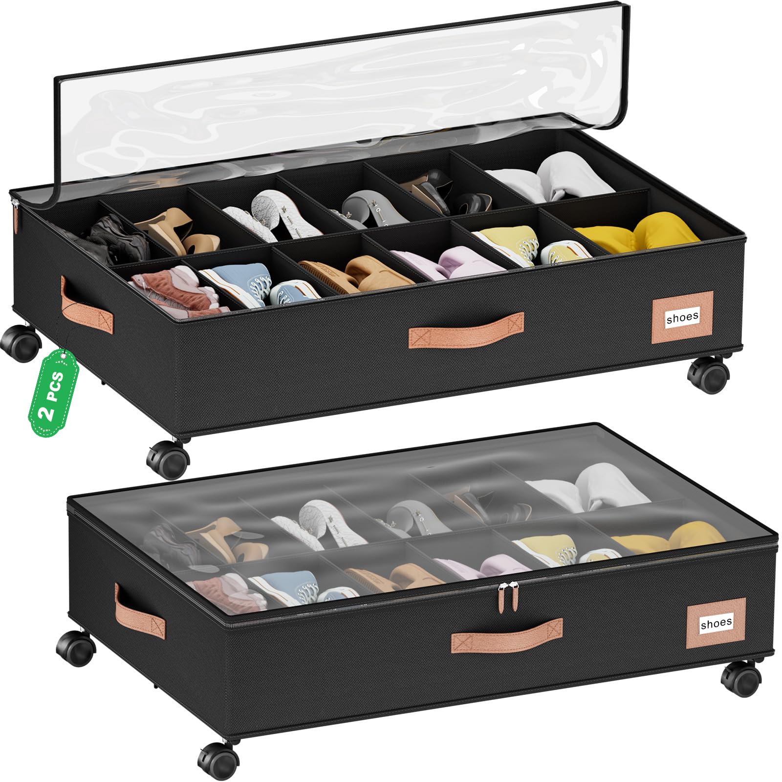 Photo 1 of homyfort Under Bed Shoe Storage with Wheels, Fits 24 Pairs, Rolling Shoe Organizer with Bottom Support & Clear Lids, Sturdy Under Bed Storage Box for Shoes, Set of 2, Black
