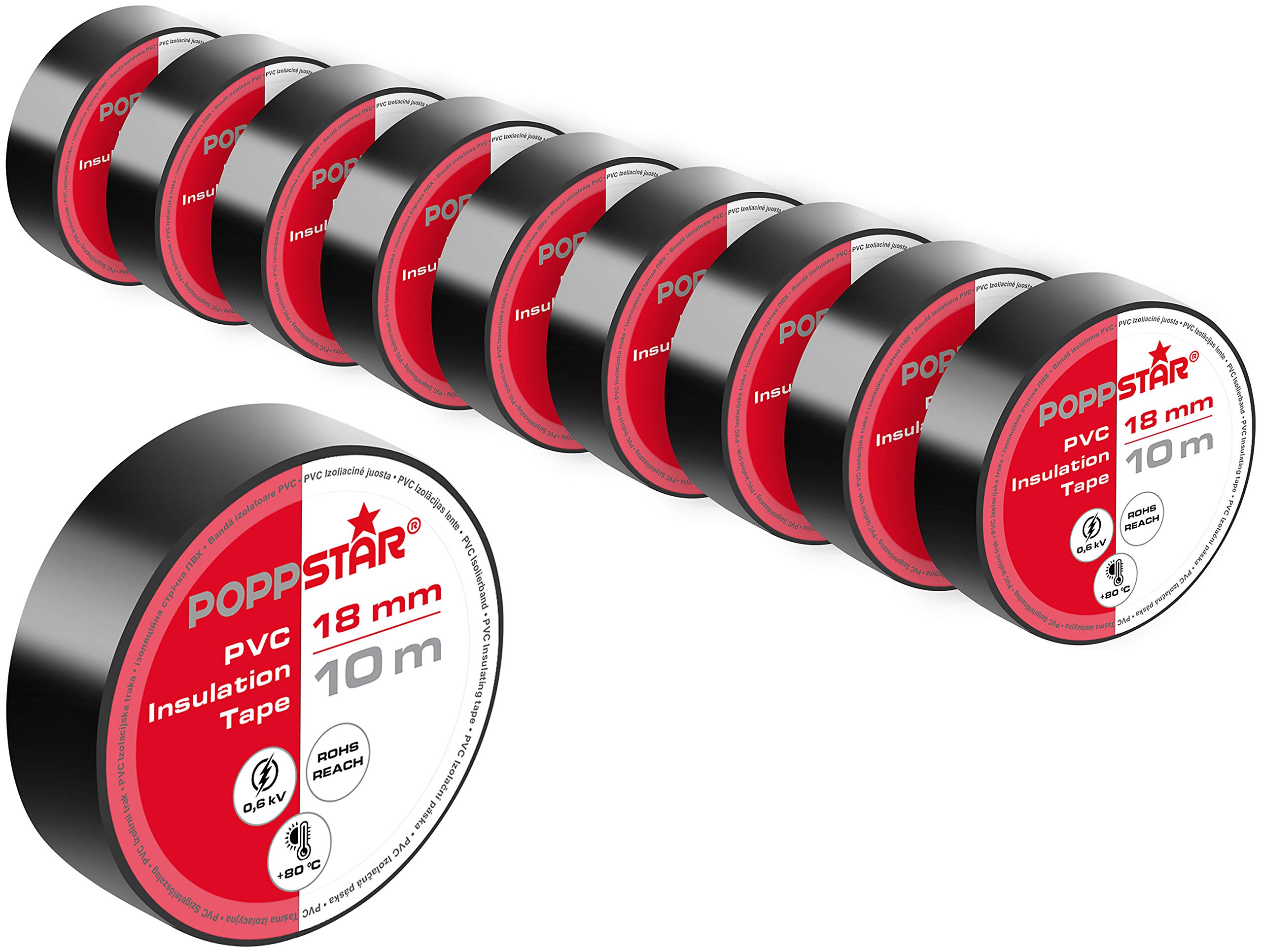 POPPSTAR PVC insulating tape 10m (18mm wide, 0.18mm thick), black, 10 rolls