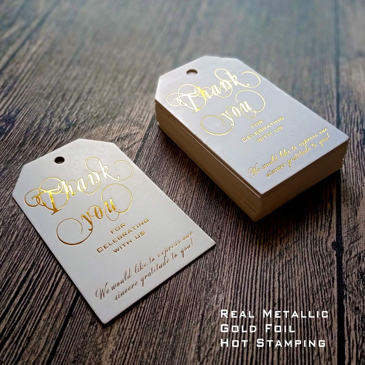 50 Shiny Gold Foil Gift Tags with Gold Ribbon, 350gsm Thick Thank You Tags for Wedding Favors, Gift Bags, Party Favors, Birthday, Bridal Shower, Baby Shower Girl, Graduation, Presents, Wine Bottle : Office Products