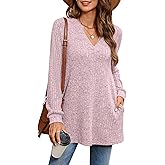 BZB Womens Fall Sweaters Long Sleeve V Neck Tunics Tops Side Split Casual 2026 Sweatshirt with Pocket