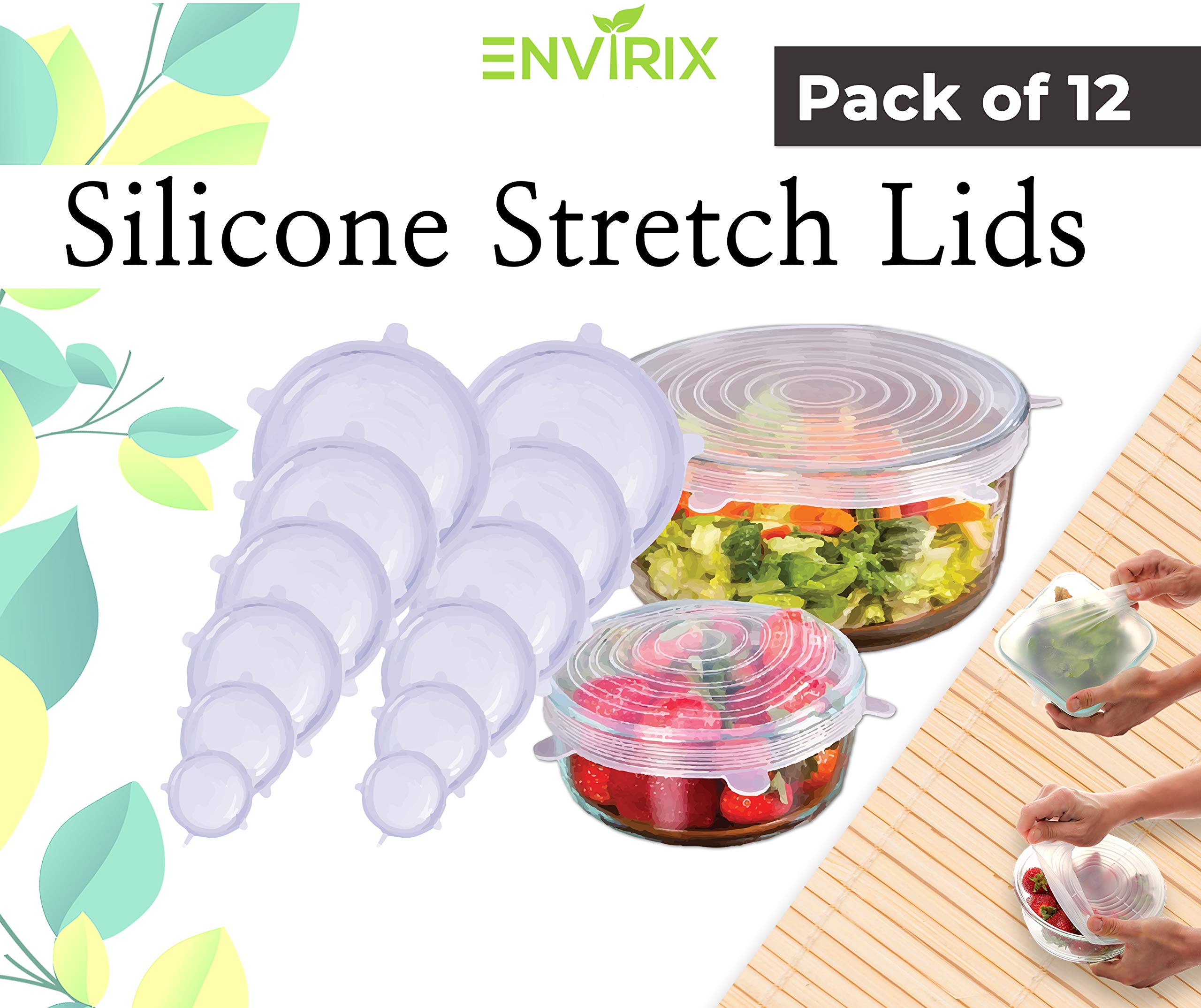 Silicone Stretch lids Food Cover by Envirix | 12 Pack | Plastic & Cling Film Alternative | Reusable & Expandable Food Covers - Food Containers - Dishes - Bowls | Eco Friendly - BPA Free