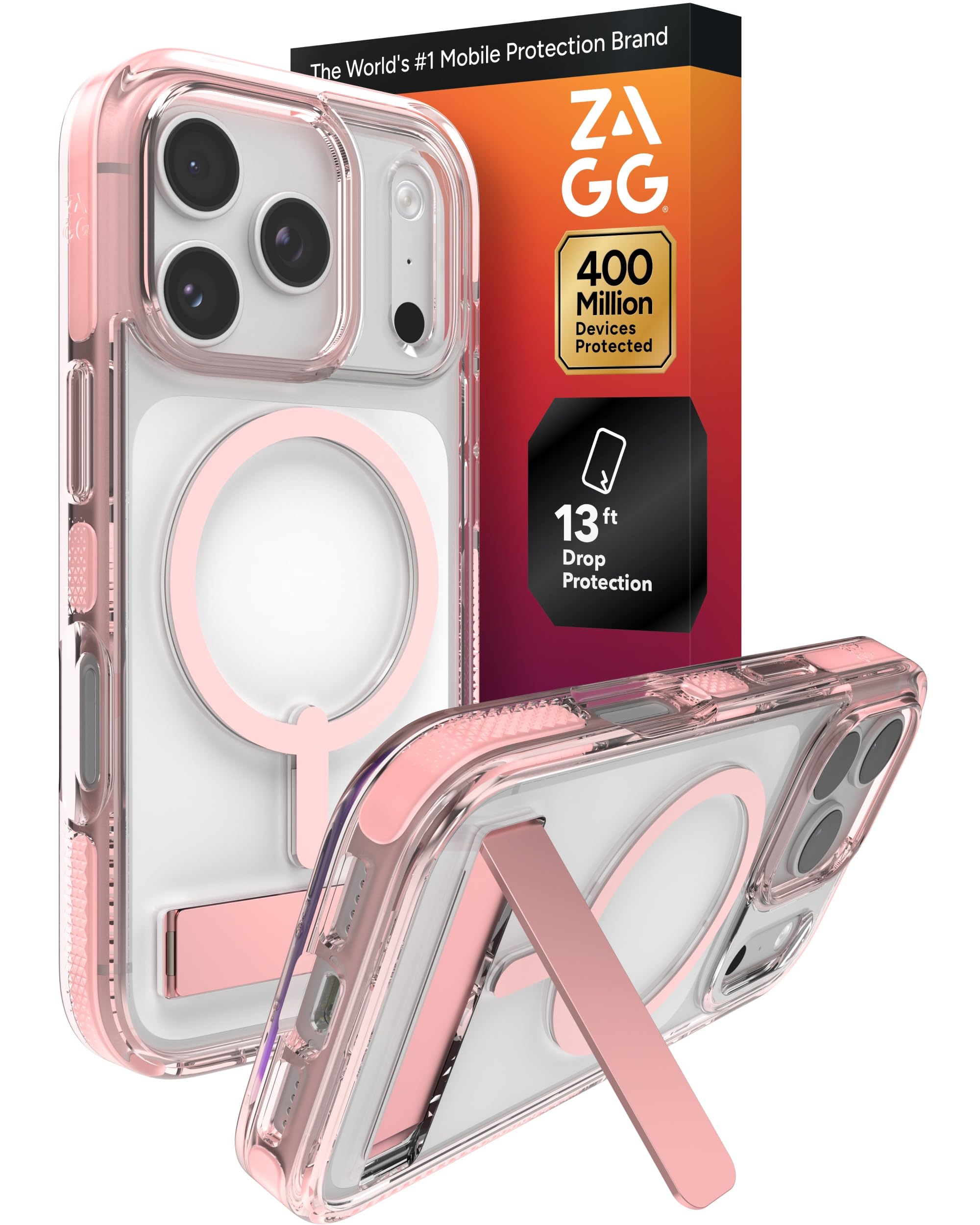 ZAGG Santa Cruz Snap Case with Kickstand for iPhone 17 Pro - Pink Sorbet, Drop Protection (13ft/4m), MagSafe Charging Compatible, ClearGuard Anti-Yellowing Technology, Scratch Resistant Phone Case Image