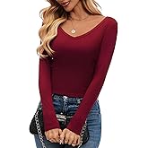 kakola Deep V Neck Tops for Women Ribbed Basic Cotton Long Sleeve T Shirt Sexy Fitted Going Out Top 2025 Fall