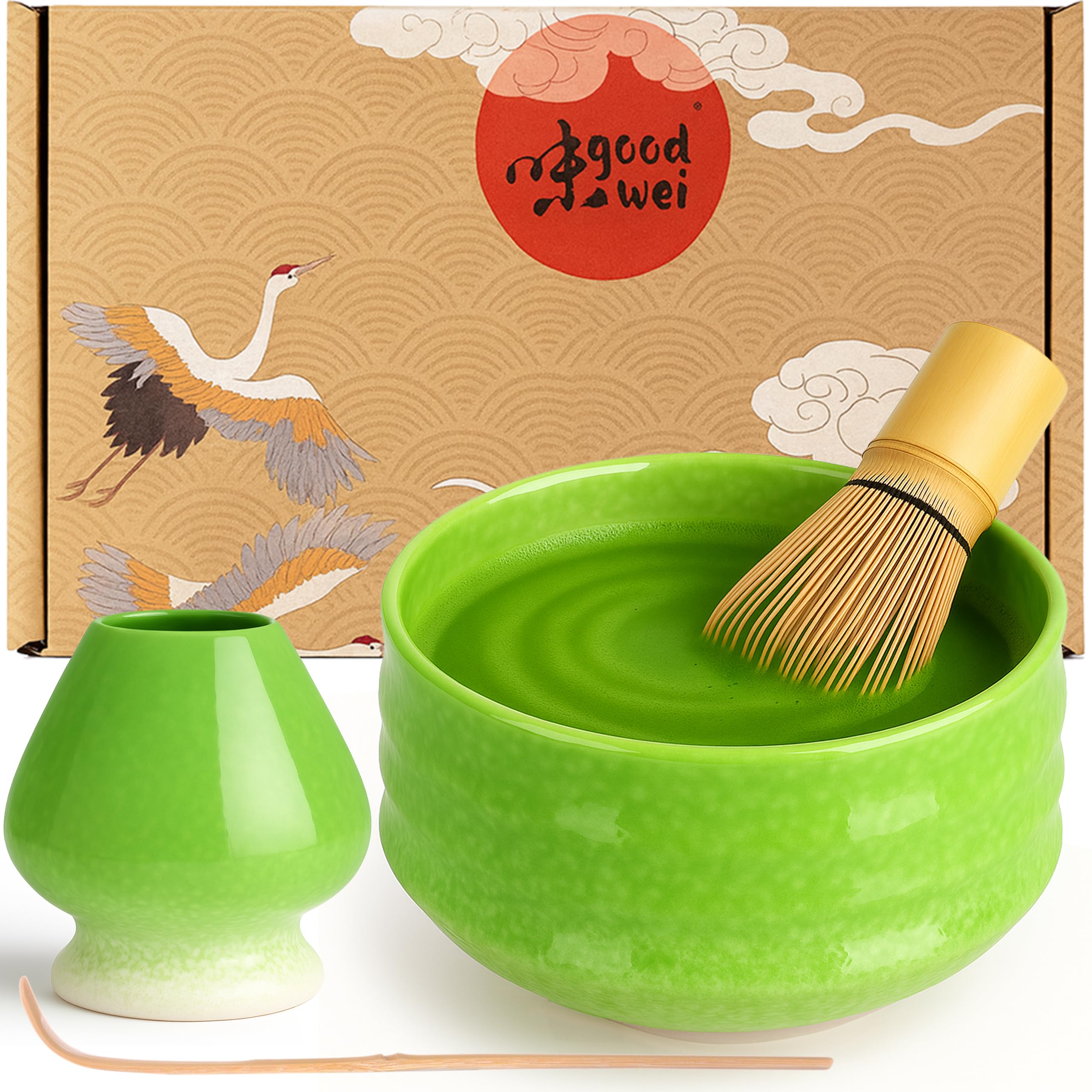 Goodwei Matcha Set with Matcha Whisk, Spoon and Ceramic Matcha Bowl with Whisk Holder in Matching Design | Artisanal Matcha Tea Bowl Chawan | Gift Set (Midori, 80)