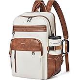 Shrrie Vegan Leather Laptop Backpack for Women,17 Inch Computer Backpack Purse for Work Business College Travel Teacher Nurse with Anti-theft Pocket & Giant Tumbler Holder Pocket,Beige with Brown