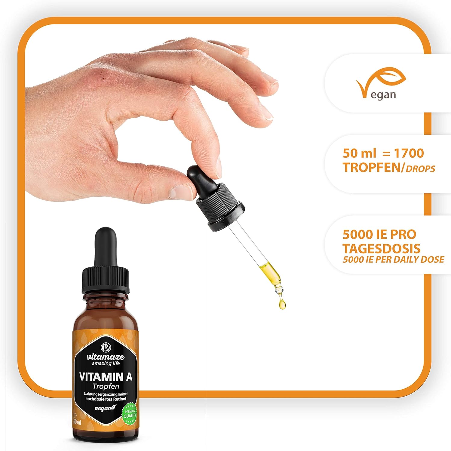 Vitamin A Drops 5000 IU High Strength per Daily Dose, Retinol Liquid & Vegan, 50 ml (1700 Drops) - Image 3