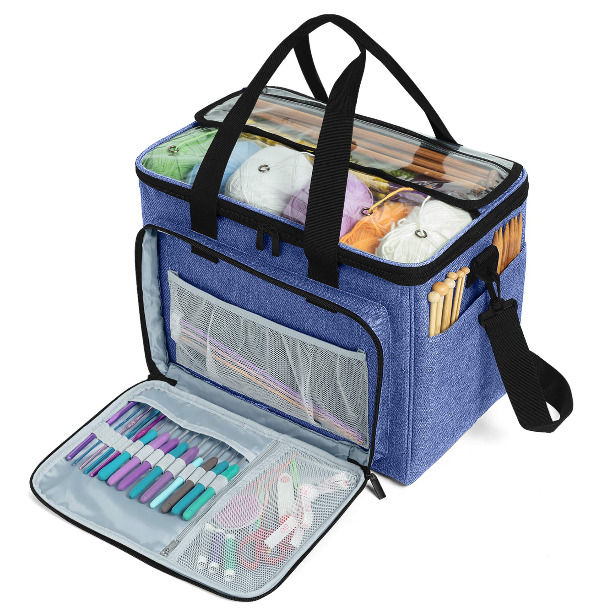 Teamoy Knitting Bag, Yarn Storage Tote with Inner Divider for Yarn and Unfinished Project, Crochet Hooks, Knitting Needles and Accessories (NO accessories included), Dark Blue