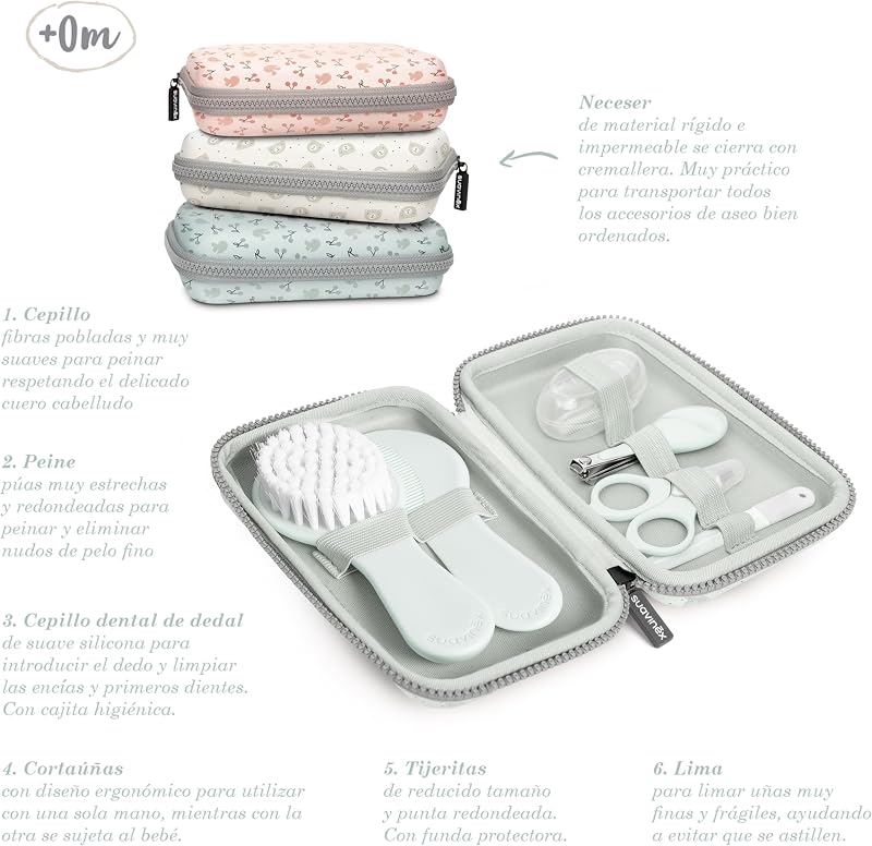 , Kit de Manicure para Bebé, +0M, Kit de Cuidados com Escova, Pente, Escova de Dentes, Tesoura, Lima e Corta-unhas. Bolsa de Higiene Impermeável com Fecho, Azul Suave