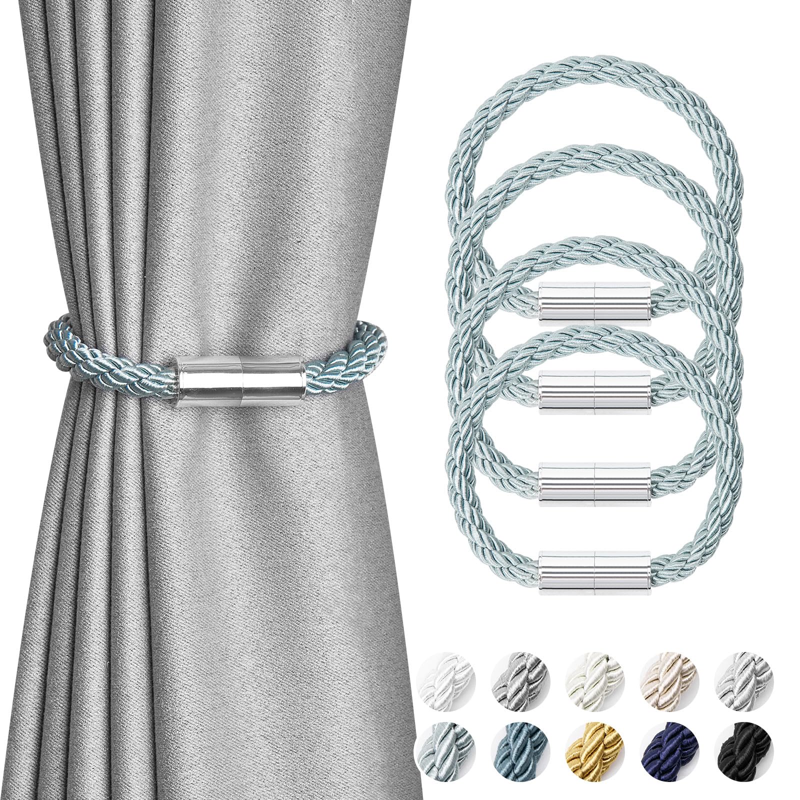 Pretty Jolly 4 Pack Mini Magnetic Curtain Tiebacks Modern Simple Style Drape Tie Backs Elegant Decorative Weave Rope Curtain Holdbacks for Home & Office Thin Window Draperies (Blue-grey)
