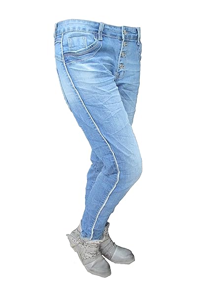 Karostar by Lexxury Stretch Baggy Boyfriend Jeans 4 Knöpfe offene Knopfleiste Silberne Streifen große Größen